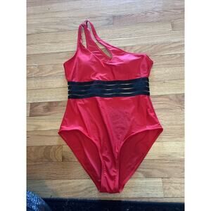 Women's One-Shoulder One Piece Red Swimsuits High Waist Black Mesh Waist Med NWT